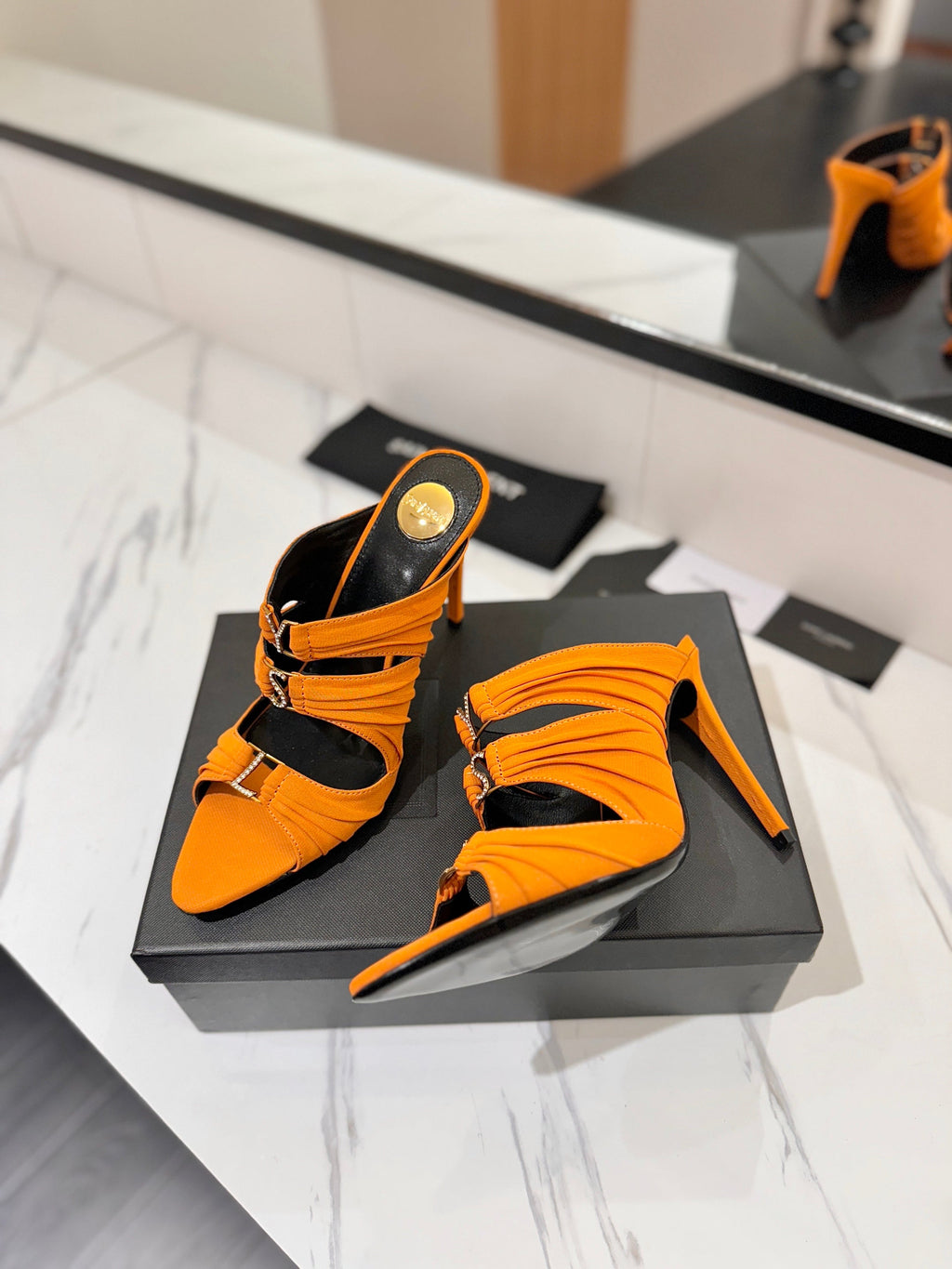 YSL 26S HEELED SANDALS 100 MM IN ORANGE FABRIC