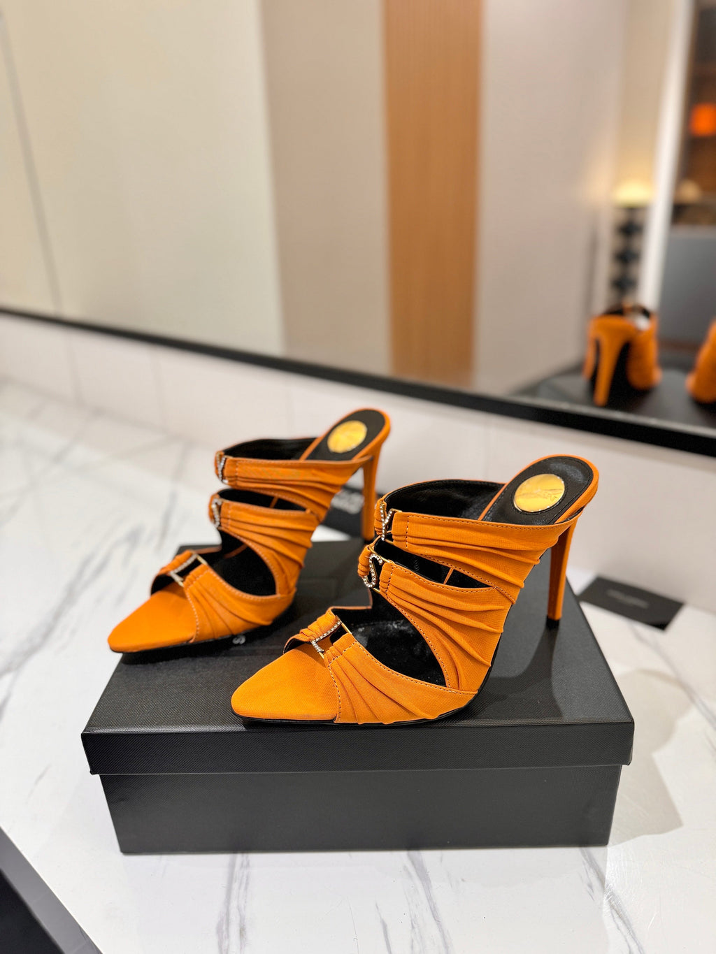 YSL 26S HEELED SANDALS 100 MM IN ORANGE FABRIC