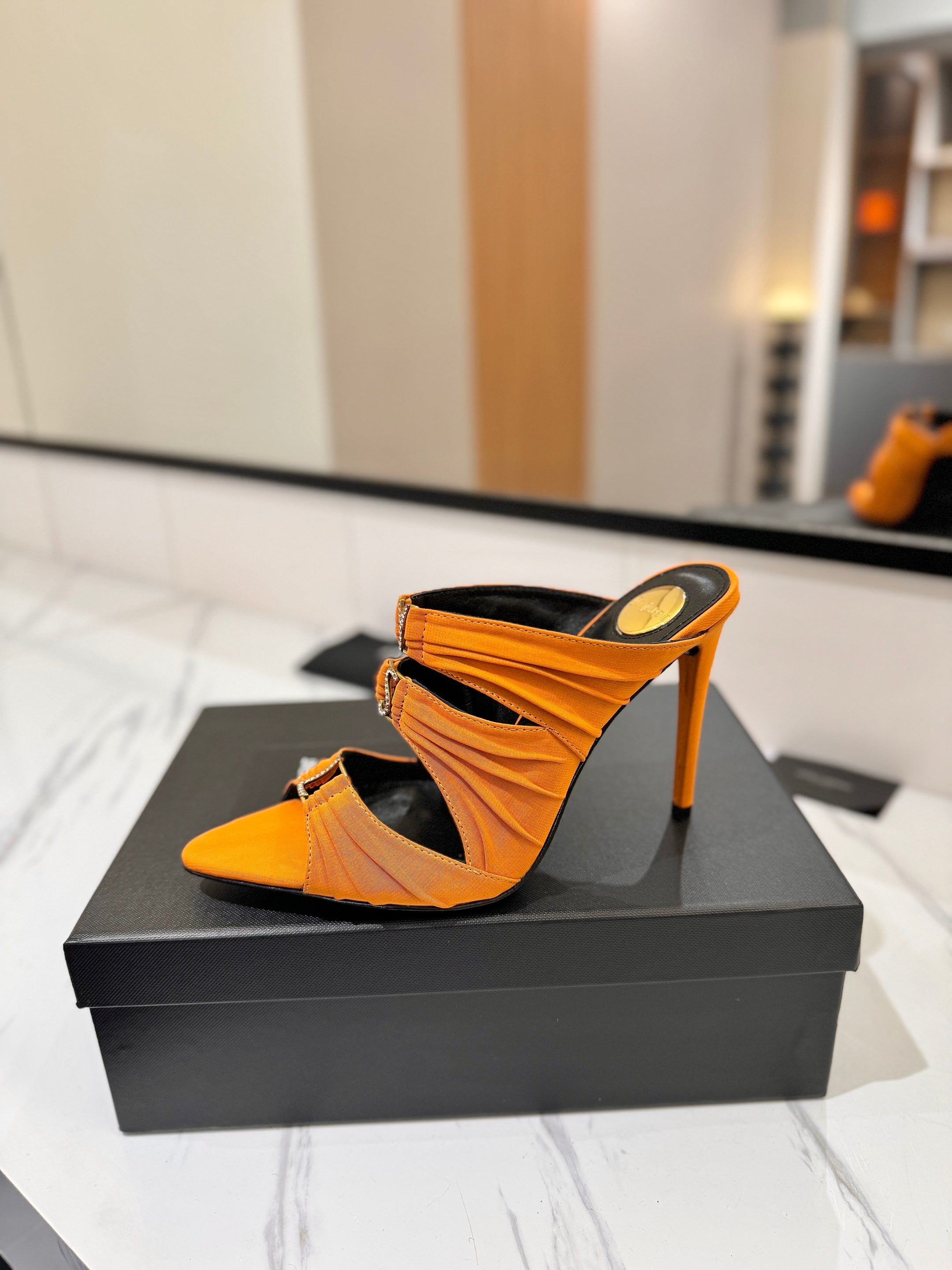 YSL 26S HEELED SANDALS 100 MM IN ORANGE FABRIC