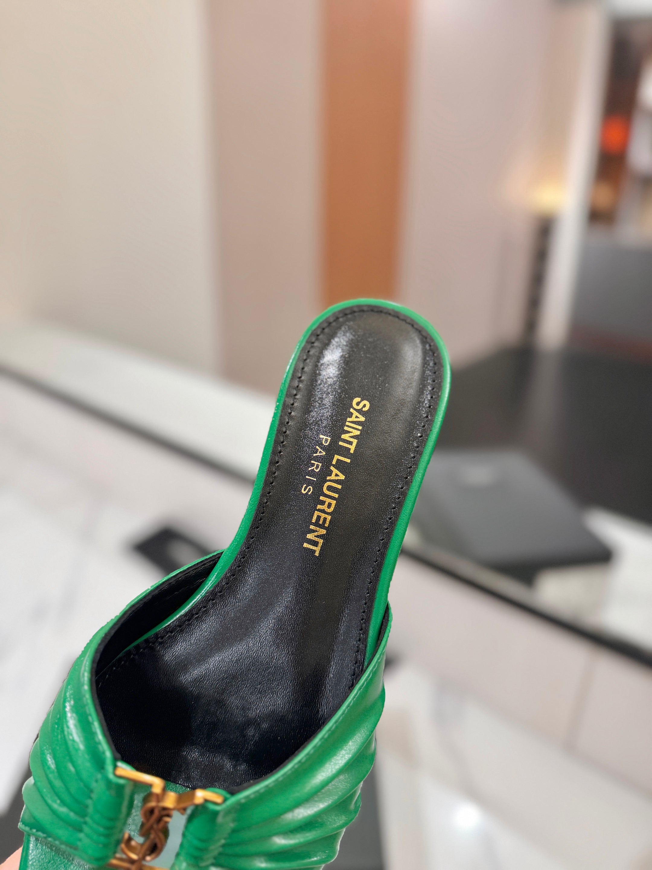 YSL 26S BABYLONE FLAT MULES IN GREEN LAMBSKIN