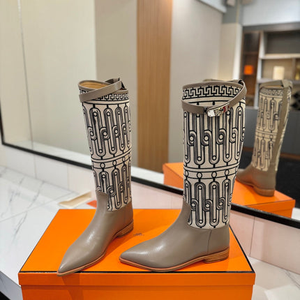 HM 26S JUMPING BOOTS IN DARK GREY CALFSKIN AND BEIGE CANVAS