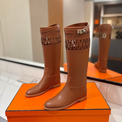 HM 26S PERFORATED HIGH-TOP BOOTS IN COGNAC BROWN CALFSKIN