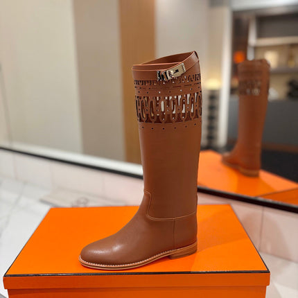 HM 26S PERFORATED HIGH-TOP BOOTS IN COGNAC BROWN CALFSKIN