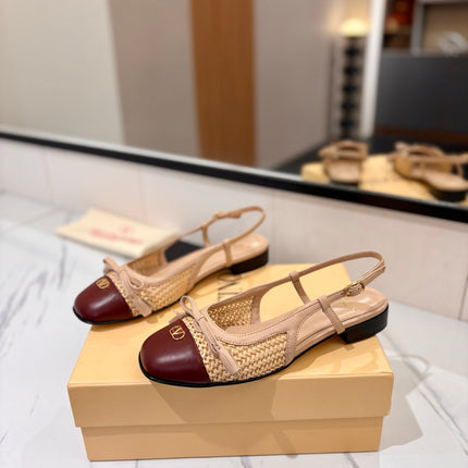 VALENTINO 26S SLINGBACK FLATS IN BEIGE AND BURGUNDY CALFSKIN
