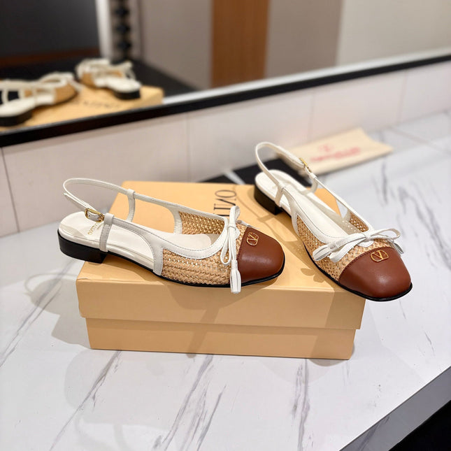 VALENTINO 26S SLINGBACK FLATS IN WHITE AND BROWN CALFSKIN