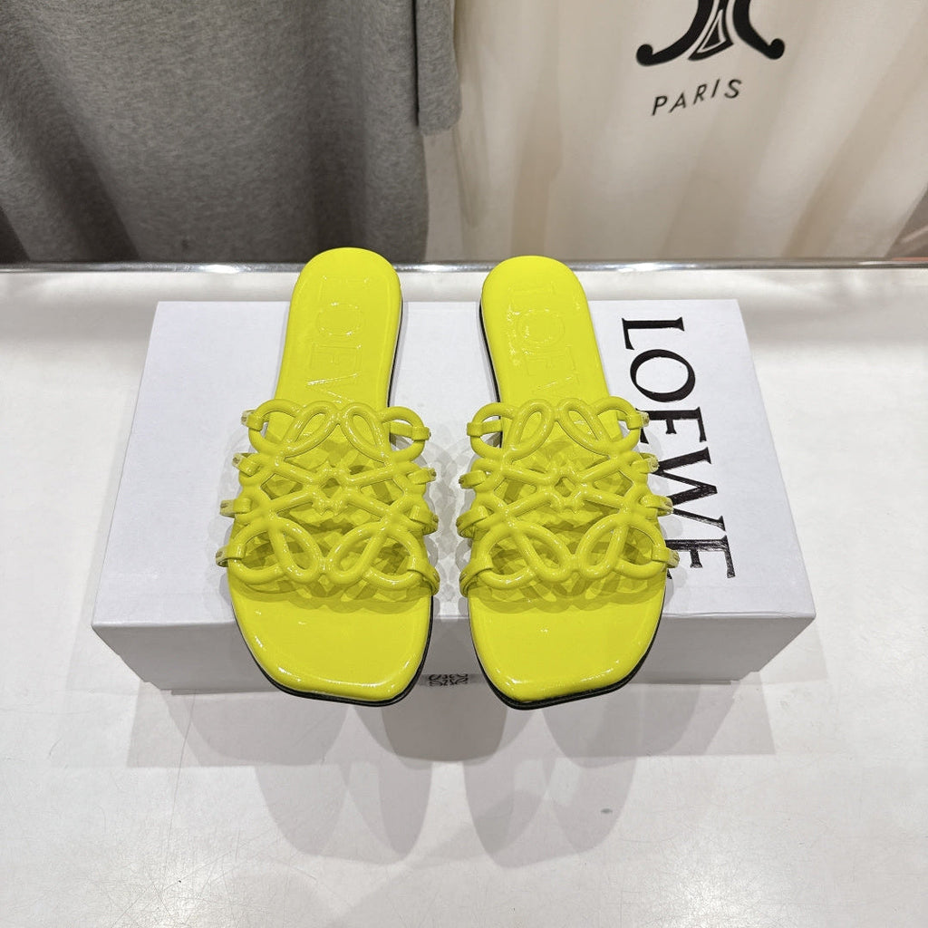 LOEWE 26S PETAL ANAGRAM SLIDE IN LEMON YELLOW CALFSKIN