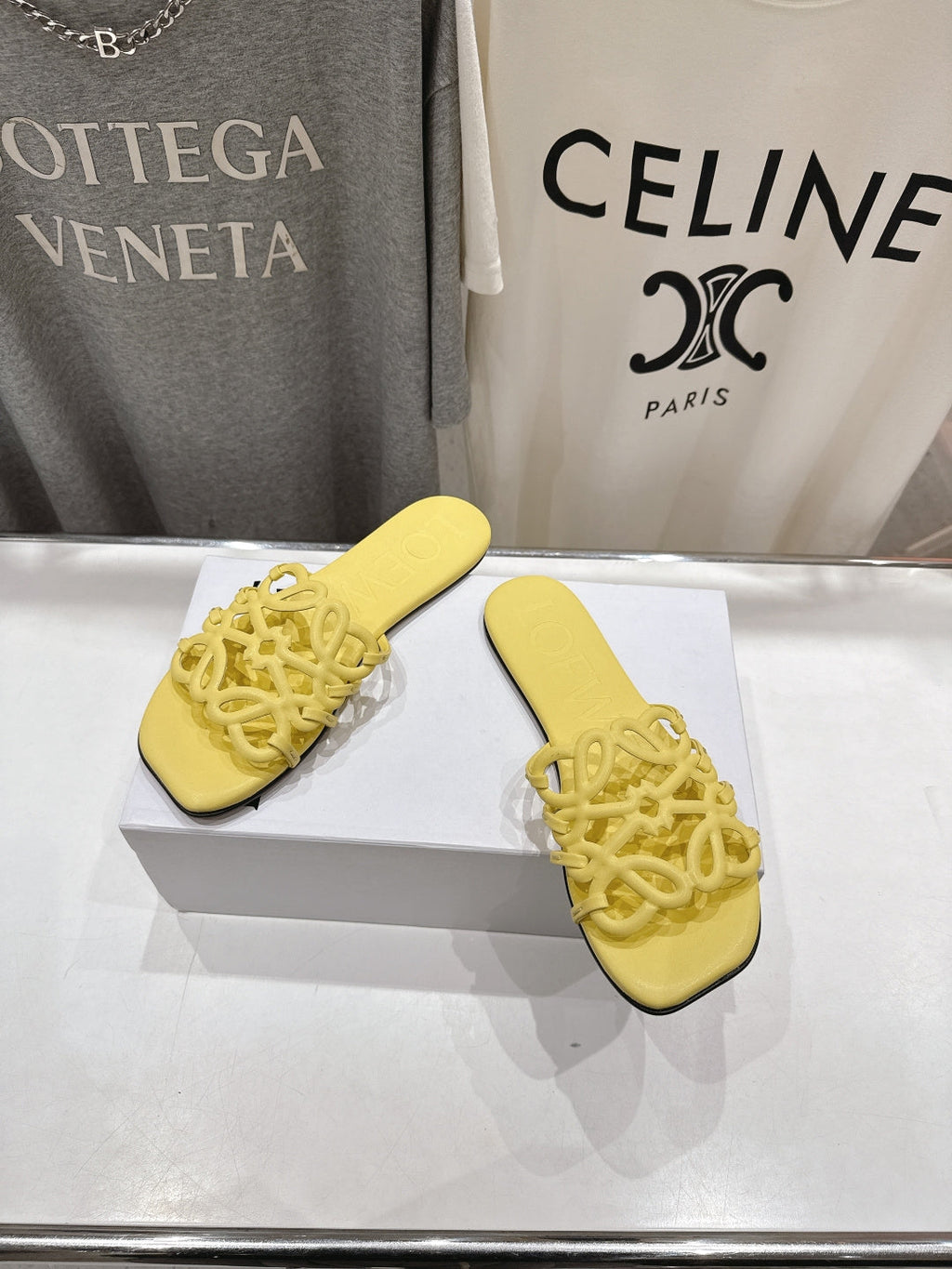 LOEWE 26S PETAL ANAGRAM SLIDE IN YELLOW CALFSKIN