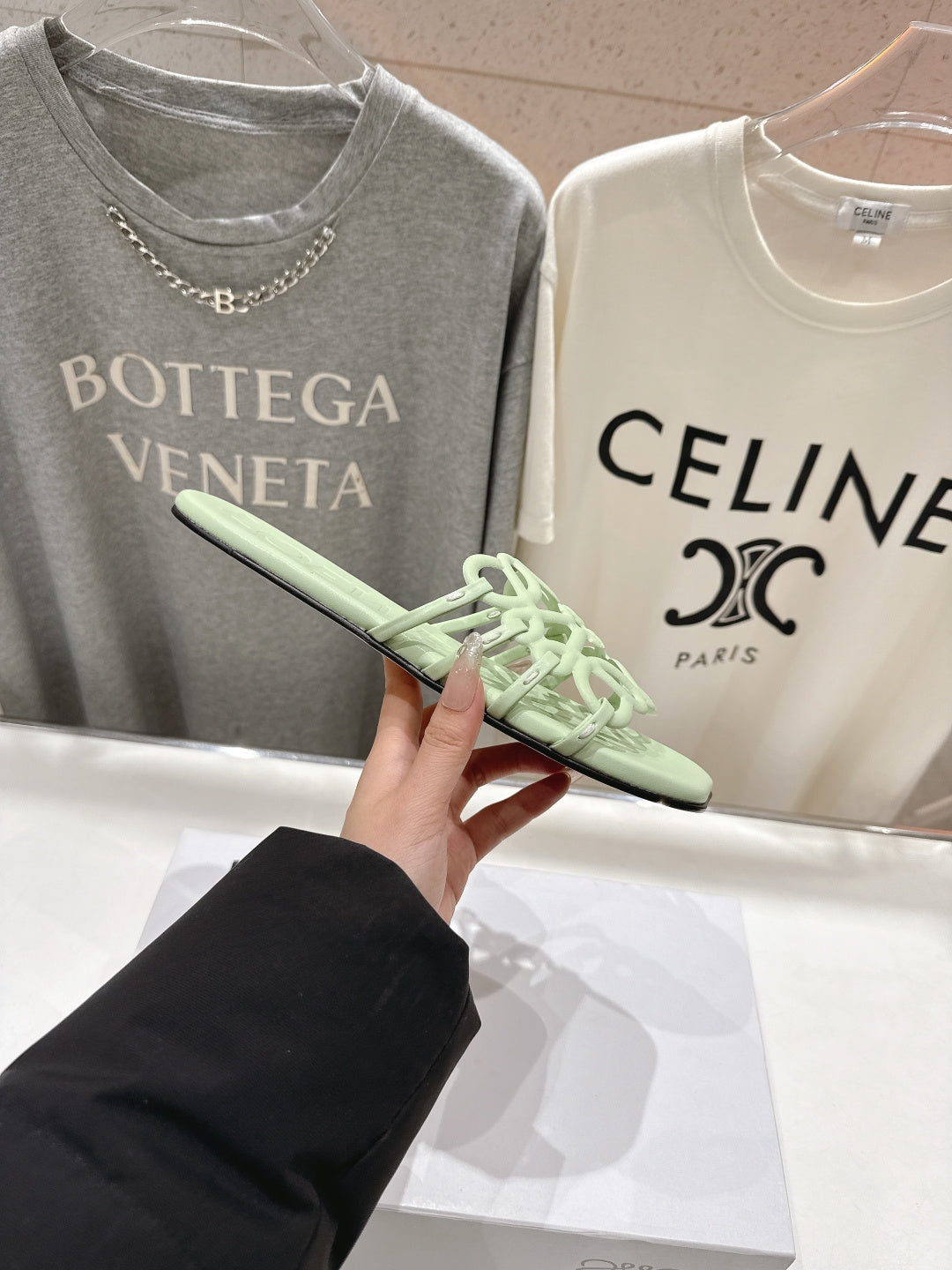 LOEWE 26S PETAL ANAGRAM SLIDE IN SAGE GREEN CALFSKIN
