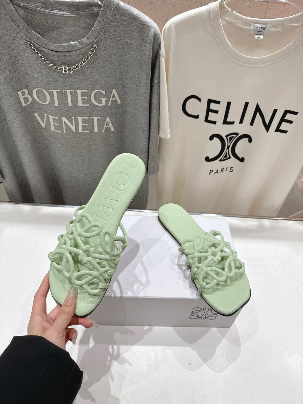 LOEWE 26S PETAL ANAGRAM SLIDE IN SAGE GREEN CALFSKIN