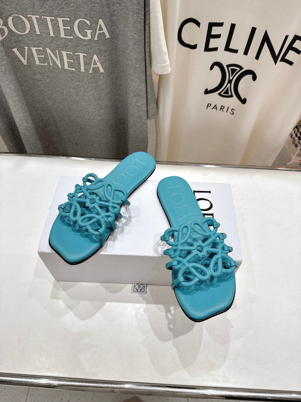 LOEWE 26S PETAL ANAGRAM SLIDE IN TEAL BLUE CALFSKIN