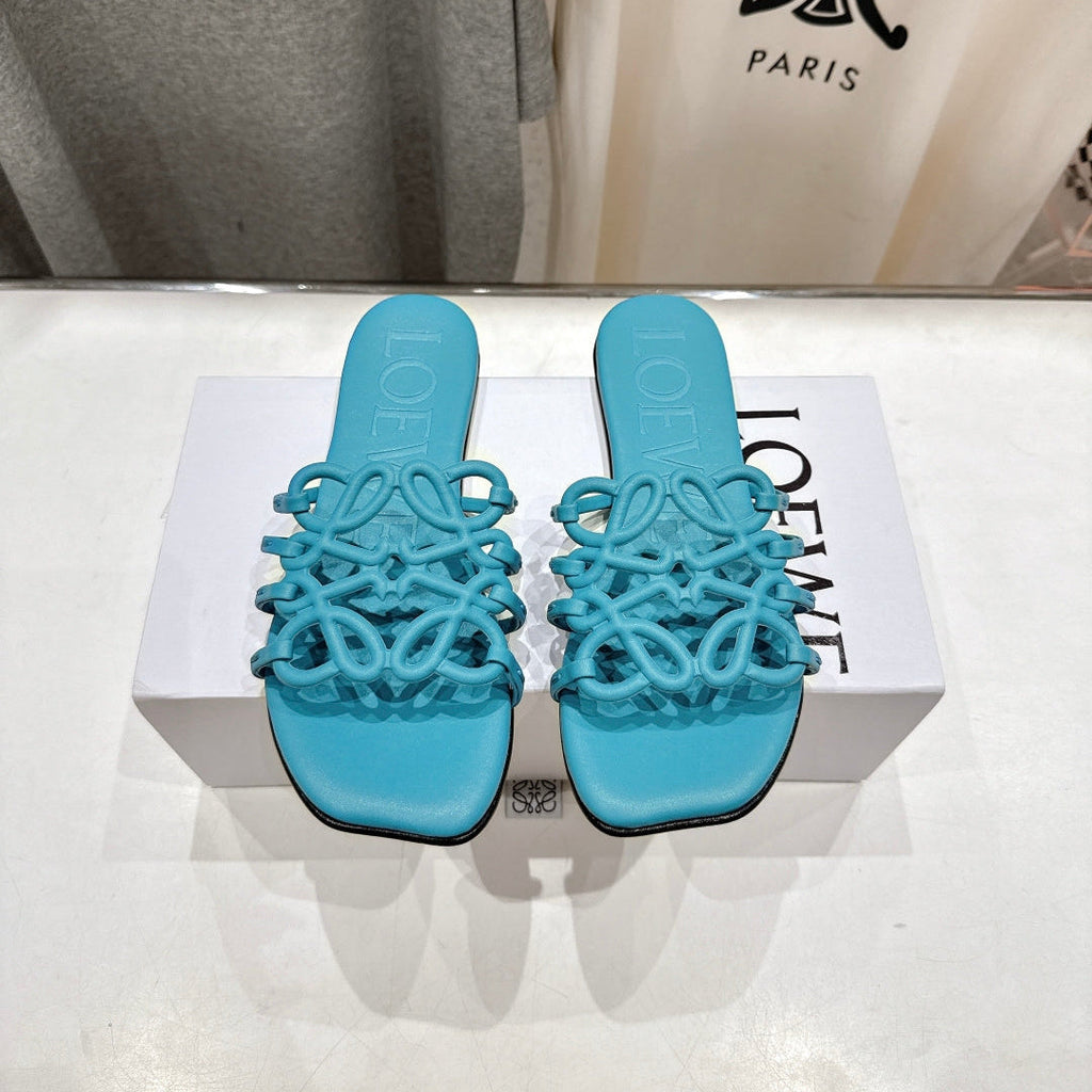 LOEWE 26S PETAL ANAGRAM SLIDE IN TEAL BLUE CALFSKIN