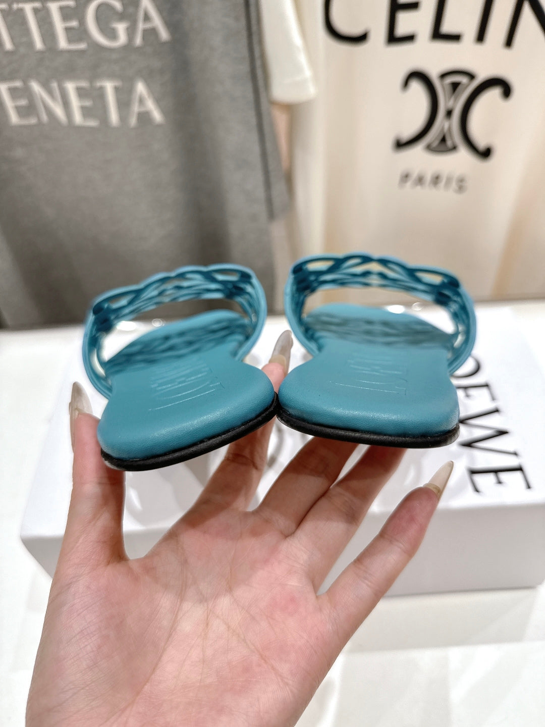 LOEWE 26S PETAL ANAGRAM SLIDE IN TEAL BLUE CALFSKIN