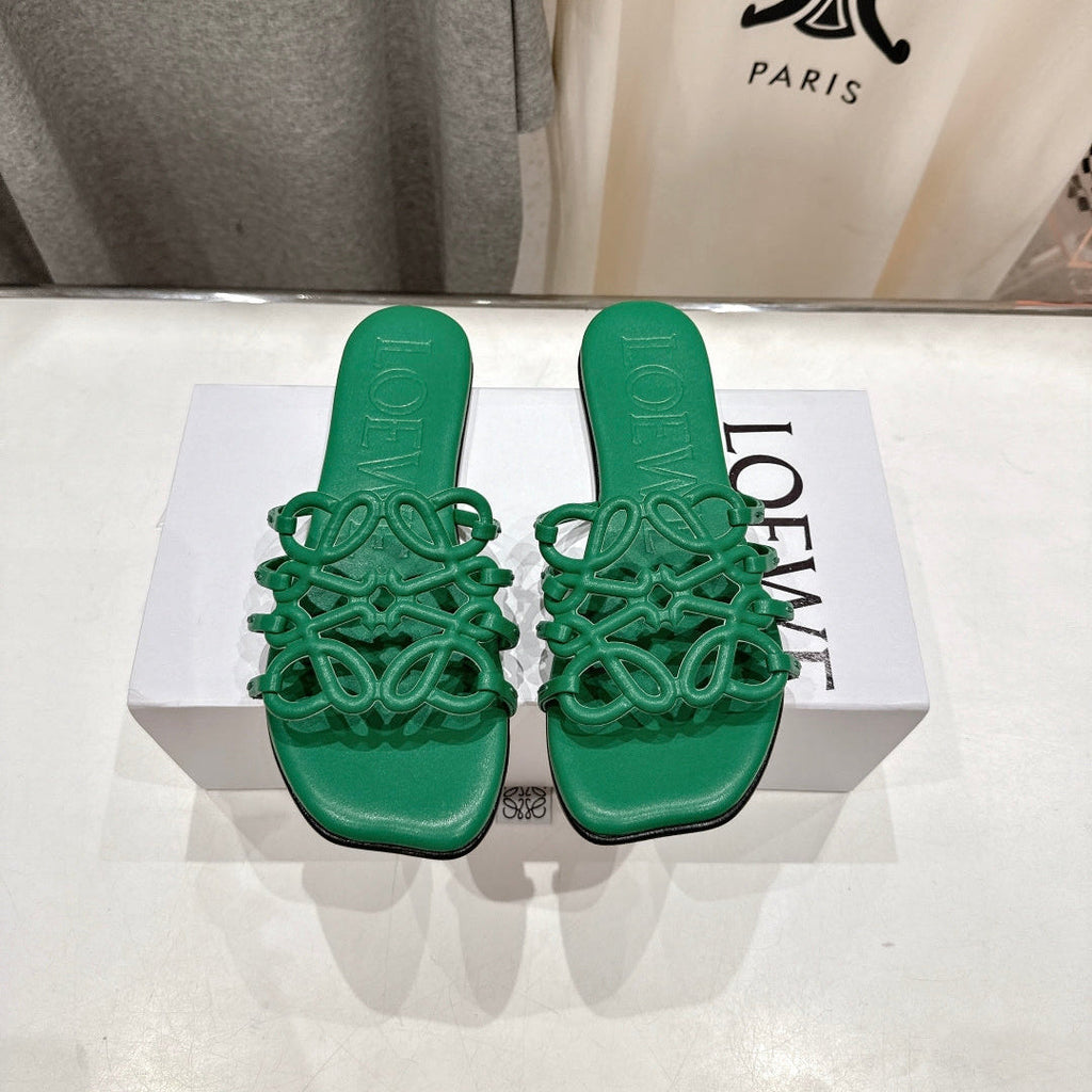 LOEWE 26S PETAL ANAGRAM SLIDE IN GREEN CALFSKIN
