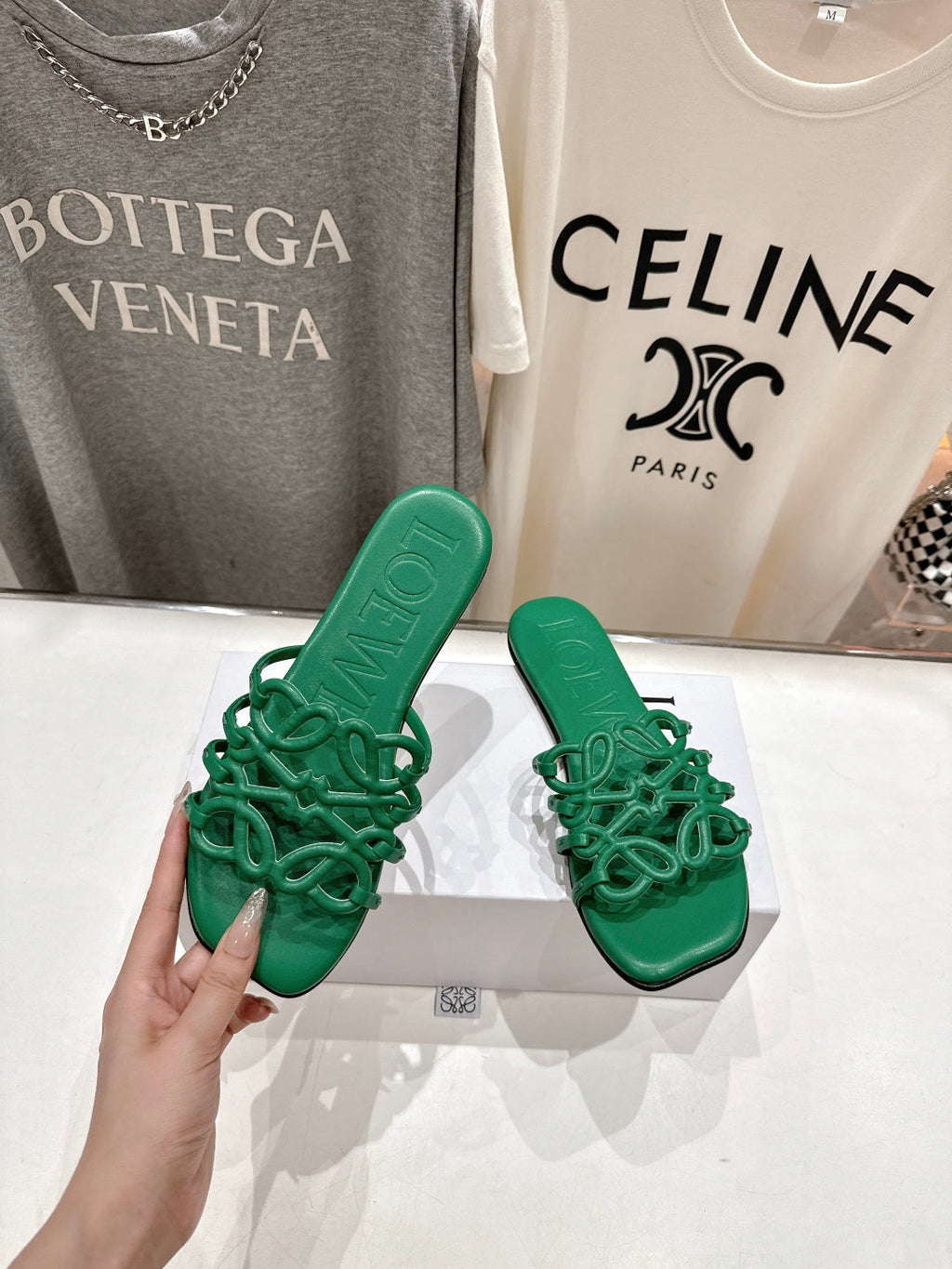 LOEWE 26S PETAL ANAGRAM SLIDE IN GREEN CALFSKIN