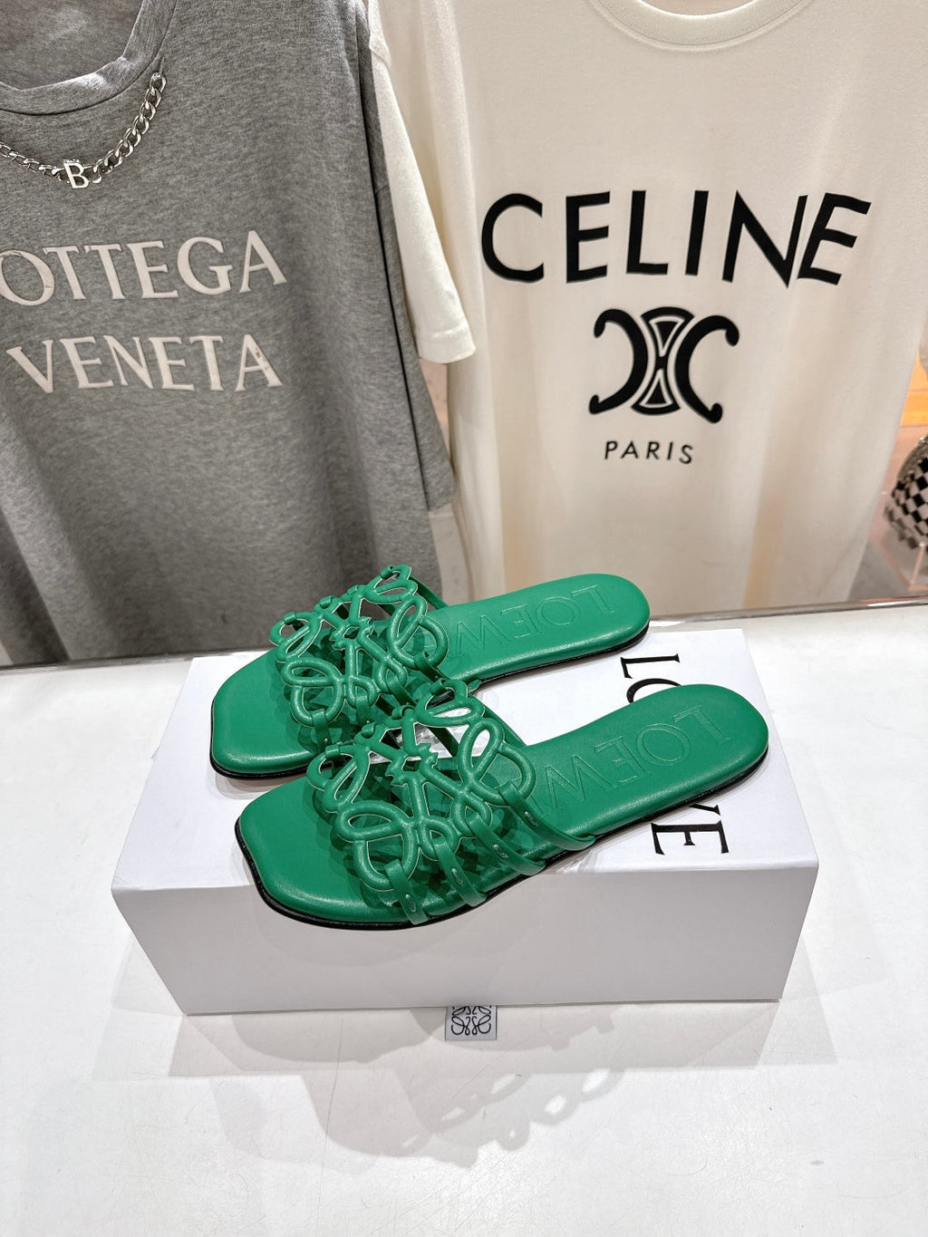 LOEWE 26S PETAL ANAGRAM SLIDE IN GREEN CALFSKIN