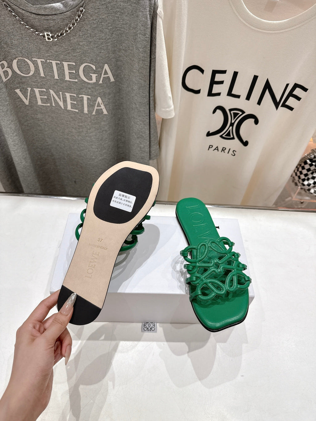 LOEWE 26S PETAL ANAGRAM SLIDE IN GREEN CALFSKIN