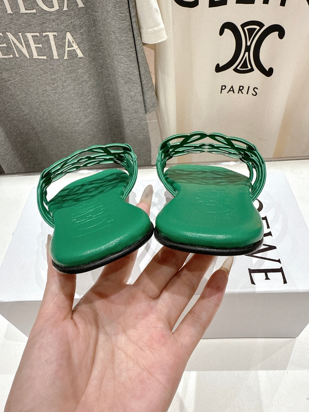 LOEWE 26S PETAL ANAGRAM SLIDE IN GREEN CALFSKIN