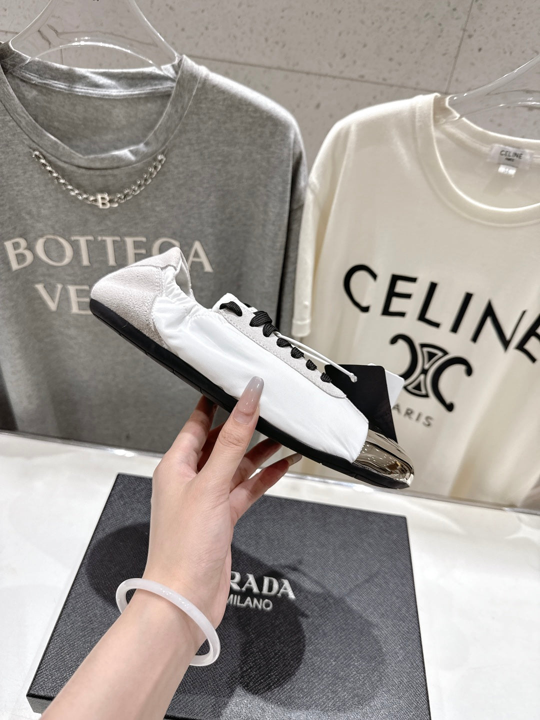 PRADA 25S COLLAPSE RE NYLON AND SUEDE SNEAKERS IN WHITE WITH METAL TOECAP