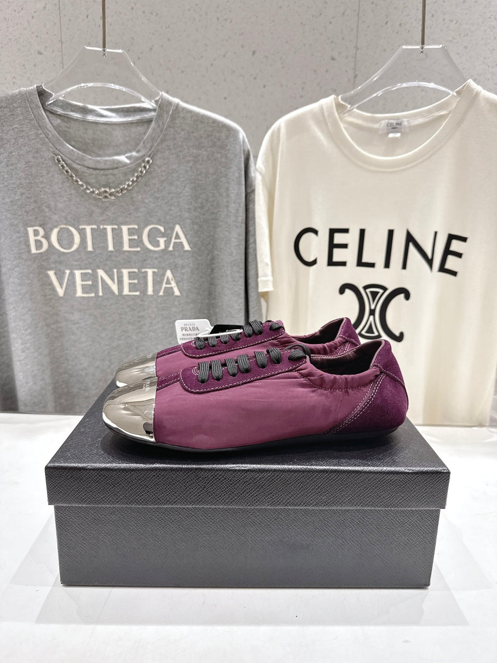 PRADA 25S COLLAPSE RE NYLON AND SUEDE SNEAKERS IN PLUM WITH METAL TOECAP