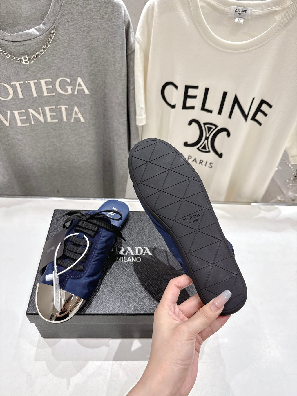 PRADA 25S MULES IN DARK BLUE WITH METAL TOECAP