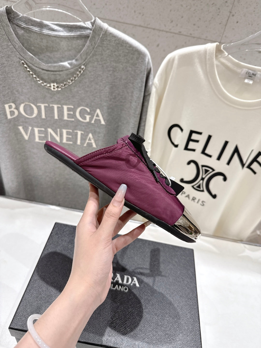PRADA 25S MULES IN PLUM WITH METAL TOECAP