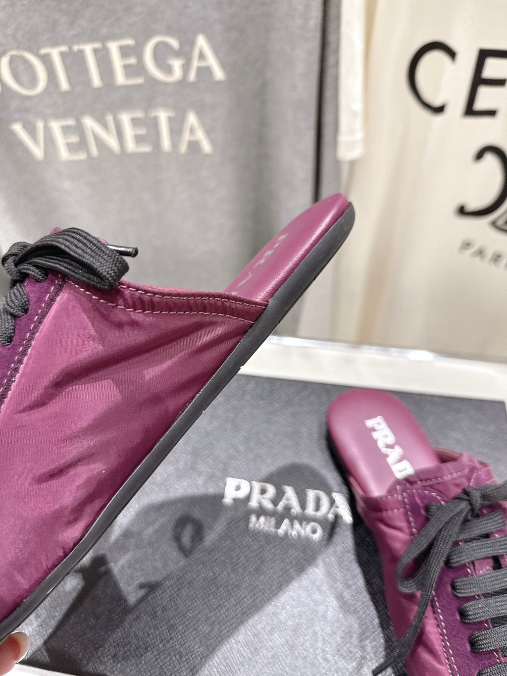 PRADA 25S MULES IN PLUM WITH METAL TOECAP