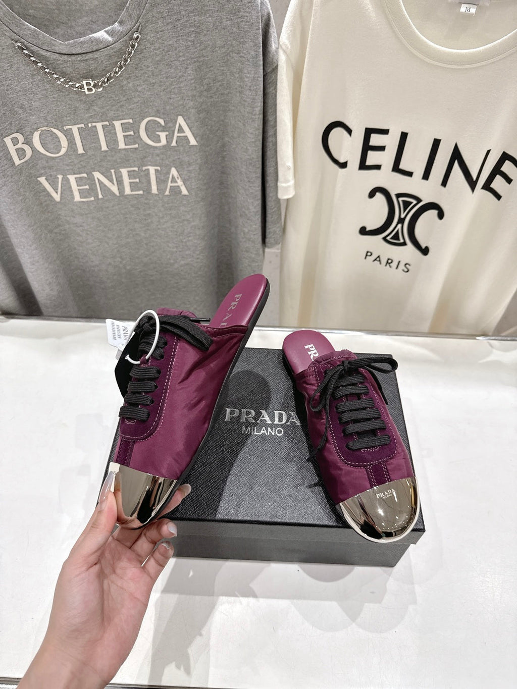 PRADA 25S MULES IN PLUM WITH METAL TOECAP