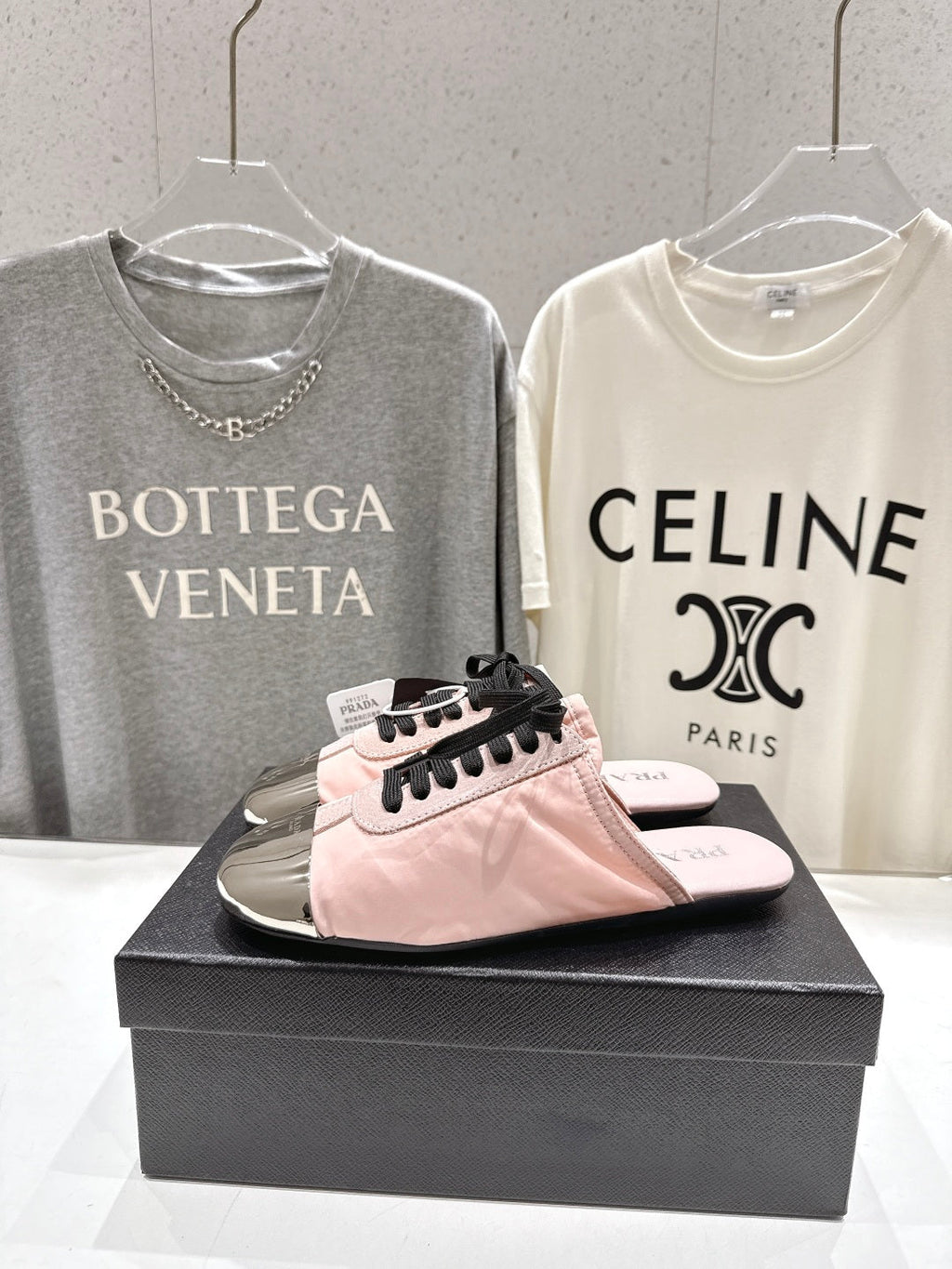 PRADA 25S MULES IN LIGHT PINK WITH METAL TOECAP