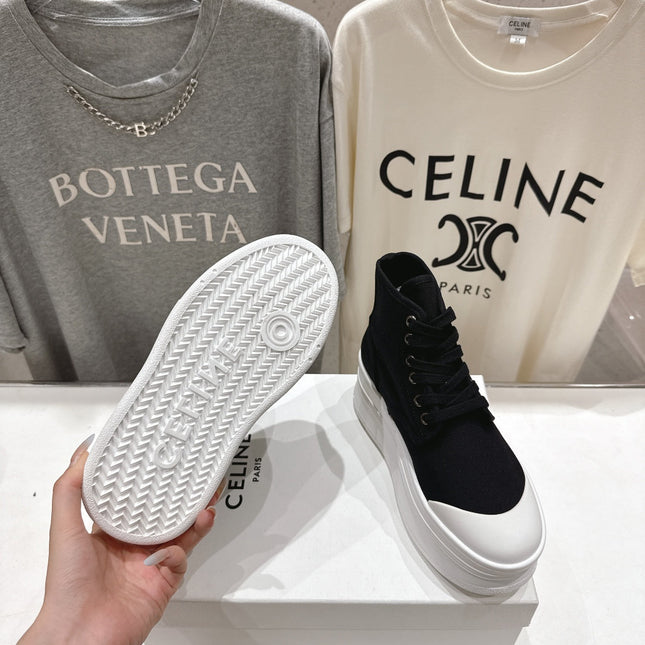 CELINE 26S BOOTS IN WHITE AND BLACK CANVAS