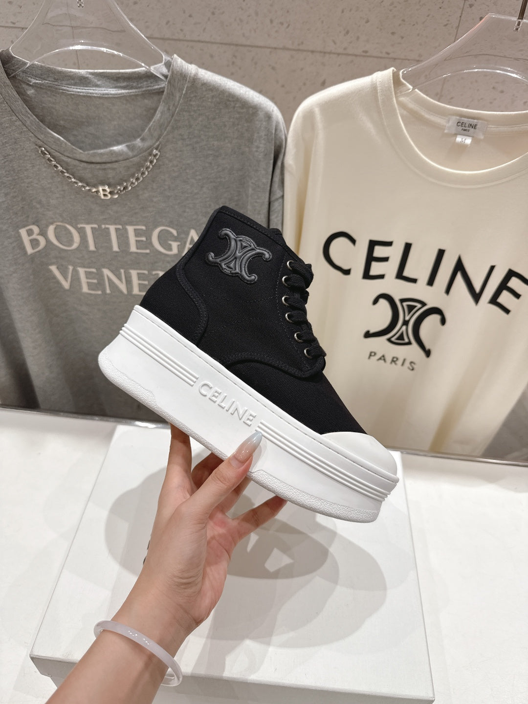 CELINE 26S BOOTS IN WHITE AND BLACK CANVAS