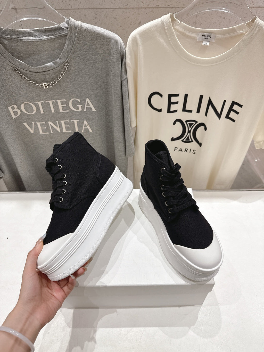 CELINE 26S BOOTS IN WHITE AND BLACK CANVAS