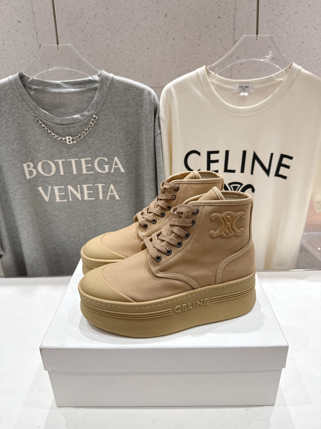 CELINE 26S BOOTS IN LIGHT CAMEL BEIGE CANVAS