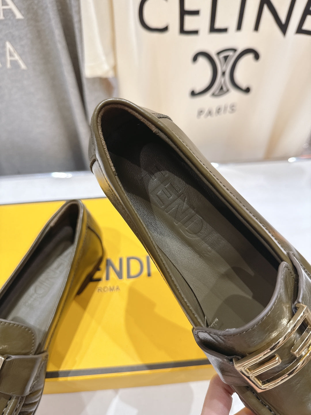 FENDI 25S LOAFERS IN DARK OLIVE BROWN CALFSKIN