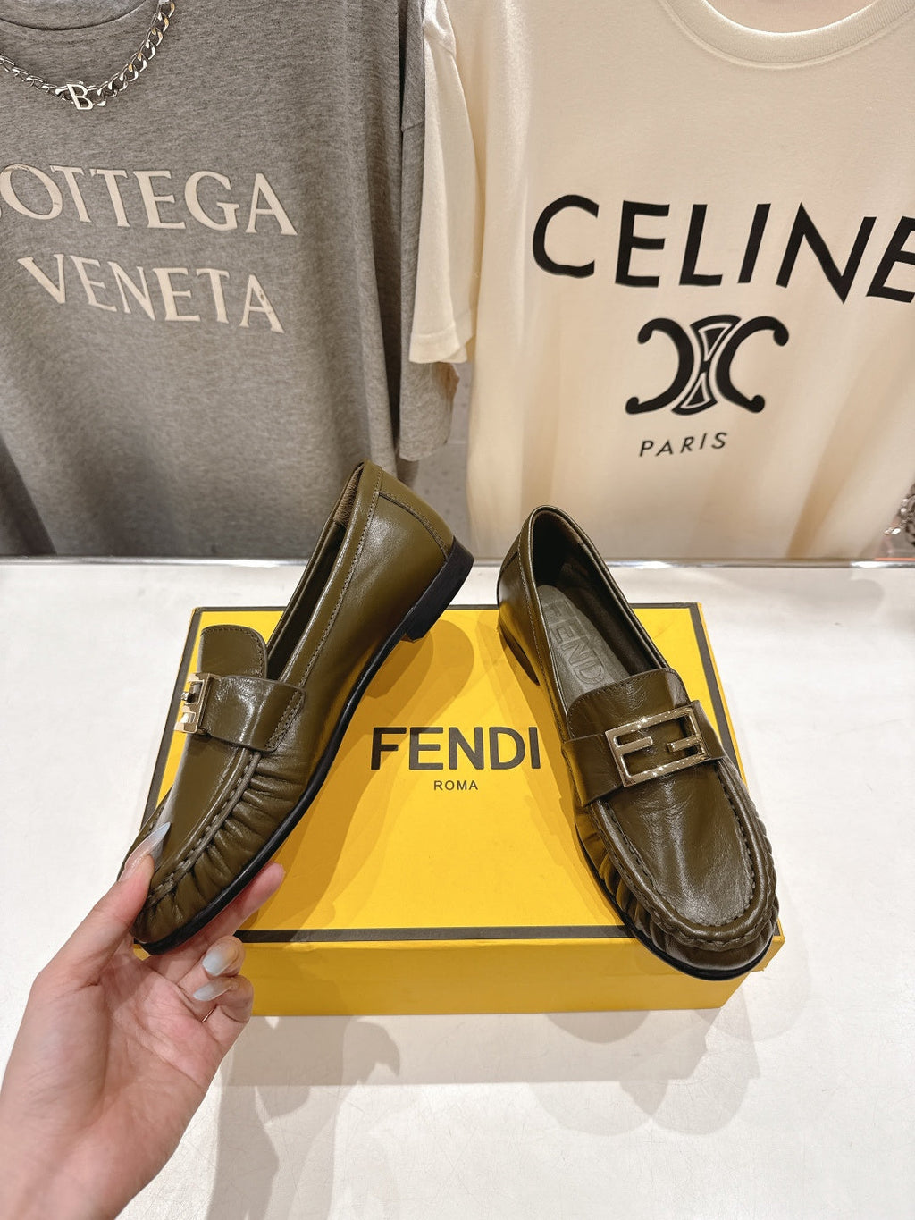 FENDI 25S LOAFERS IN DARK OLIVE BROWN CALFSKIN