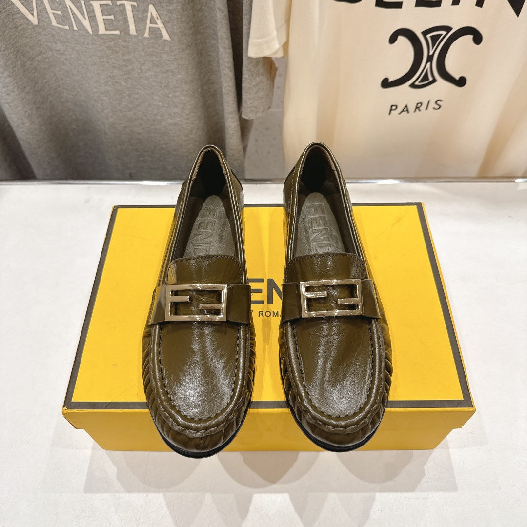 FENDI 25S LOAFERS IN DARK OLIVE BROWN CALFSKIN