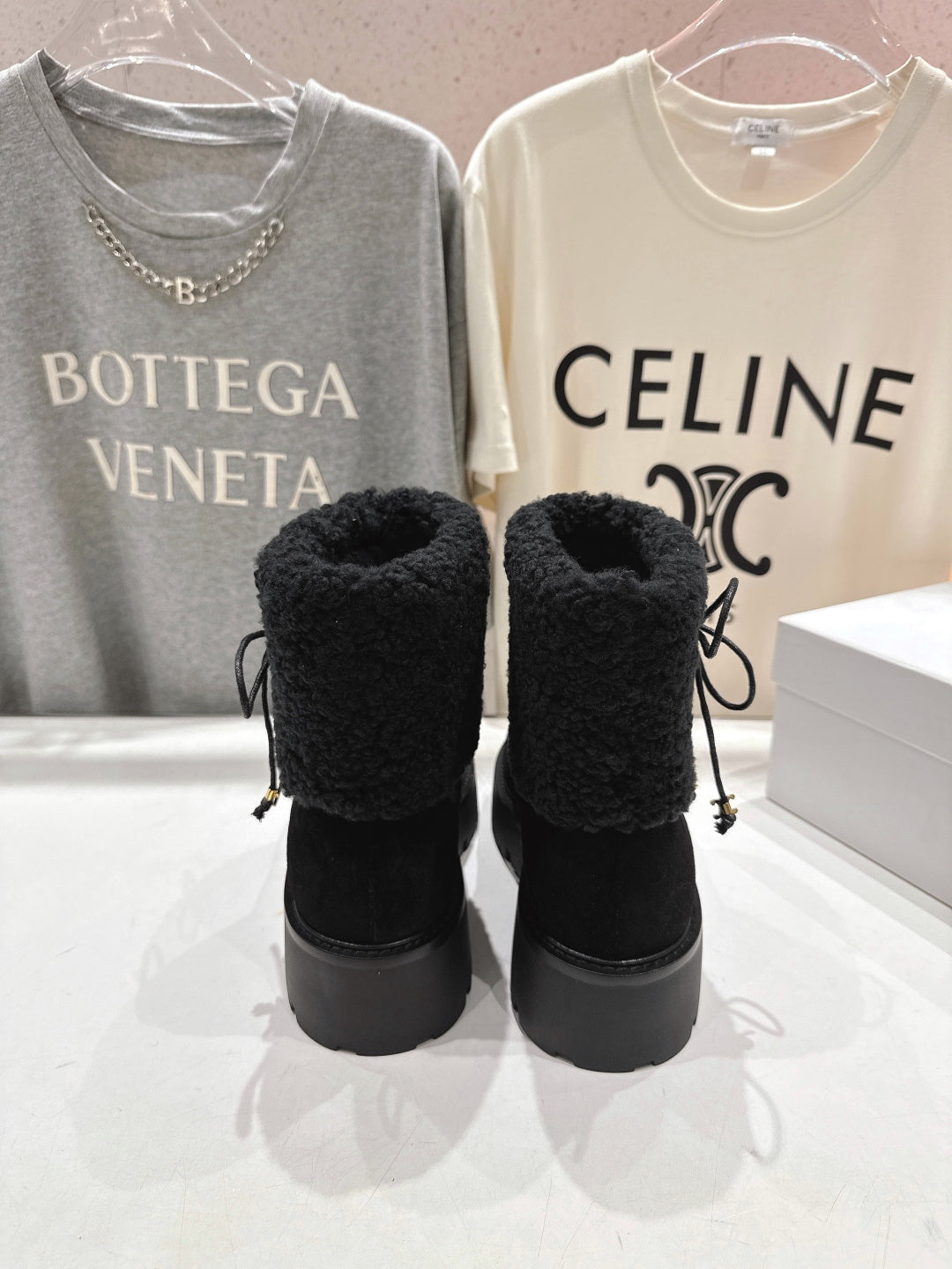 CELINE 26S FUR-TRIM ANKLE BOOTS IN BLACK SUEDE