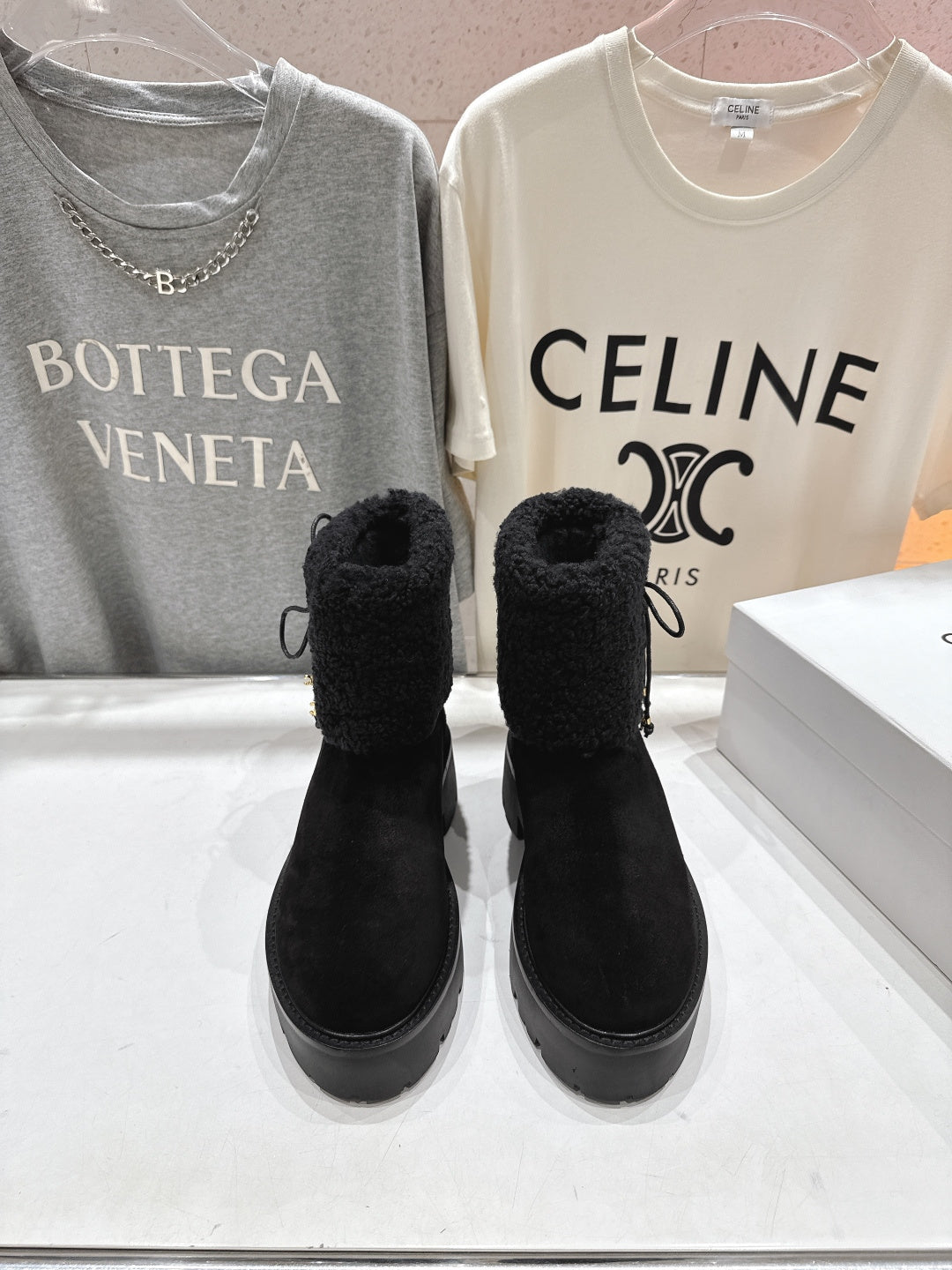 CELINE 26S FUR-TRIM ANKLE BOOTS IN BLACK SUEDE