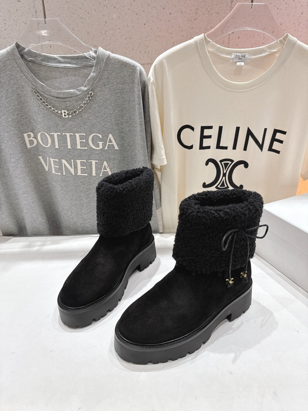 CELINE 26S FUR-TRIM ANKLE BOOTS IN BLACK SUEDE