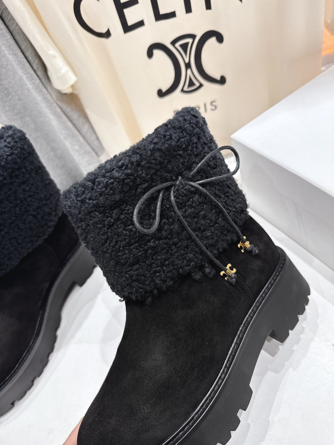 CELINE 26S FUR-TRIM ANKLE BOOTS IN BLACK SUEDE