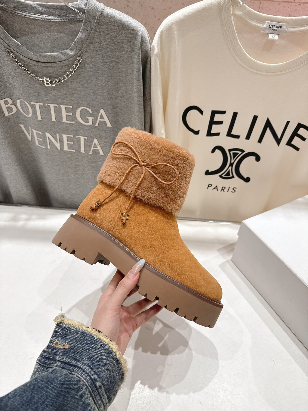 CELINE 26S FUR-TRIM ANKLE BOOTS IN BROWN SUEDE