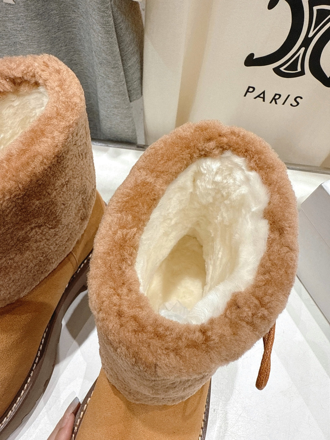 CELINE 26S FUR-TRIM ANKLE BOOTS IN BROWN SUEDE