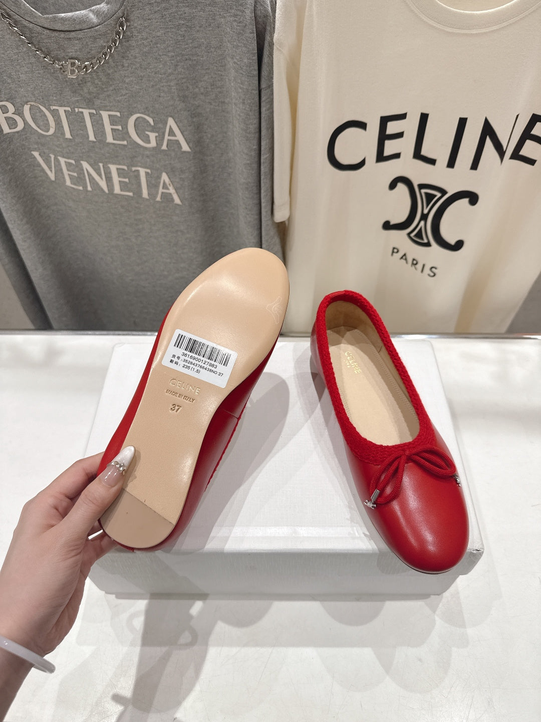 CELINE 26S BALLET FLATS IN RED CALFSKIN WITH BOW
