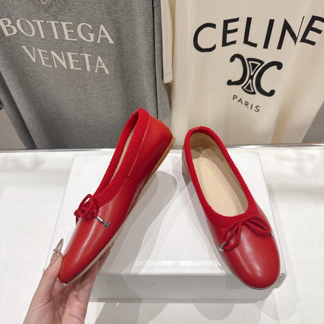 CELINE 26S BALLET FLATS IN RED CALFSKIN WITH BOW