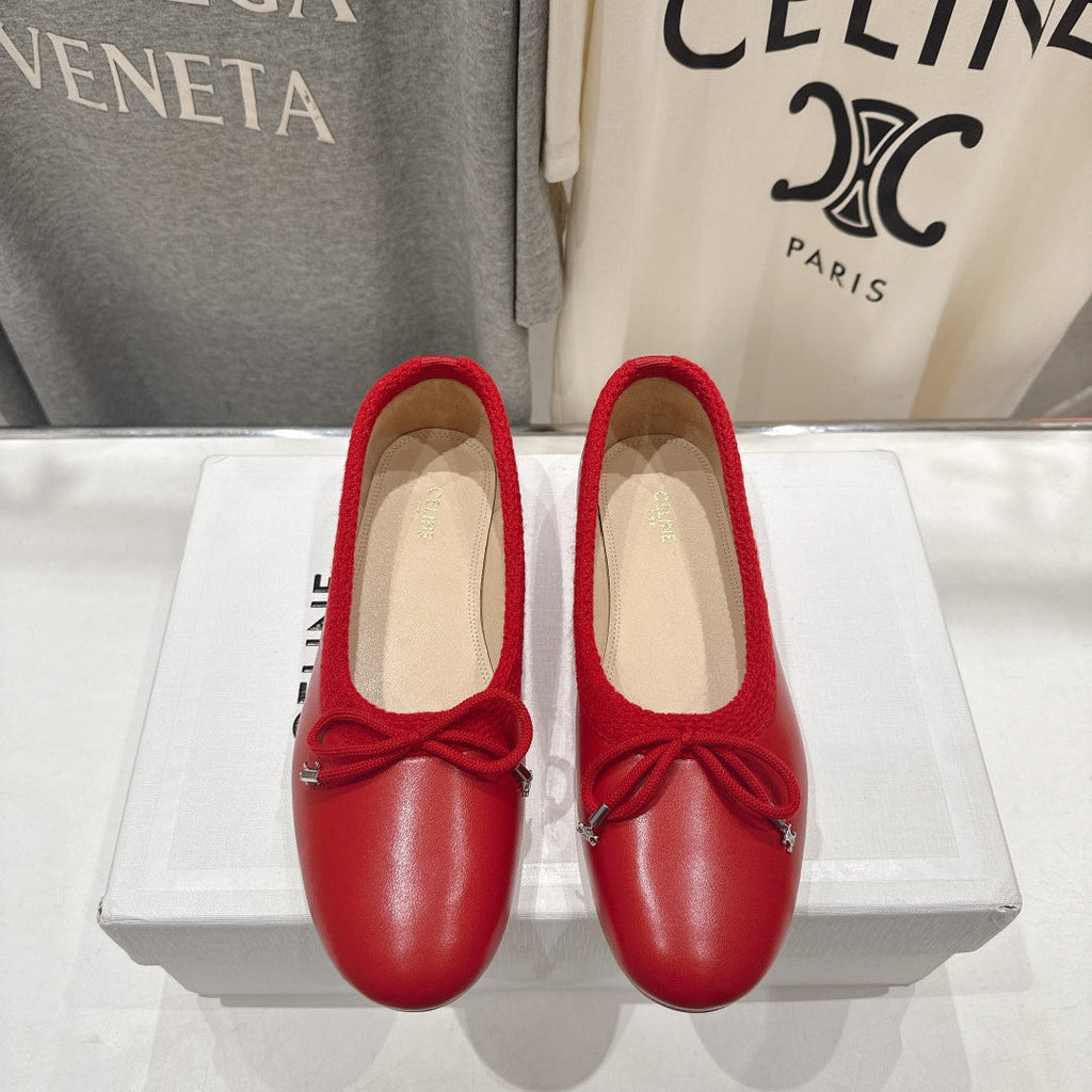 CELINE 26S BALLET FLATS IN RED CALFSKIN WITH BOW