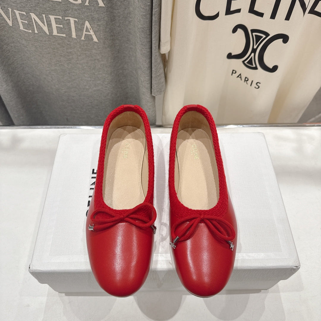 CELINE 26S BALLET FLATS IN RED CALFSKIN WITH BOW