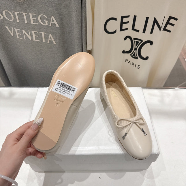 CELINE 26S BALLET FLATS IN CREAM WHITE CALFSKIN WITH BOW