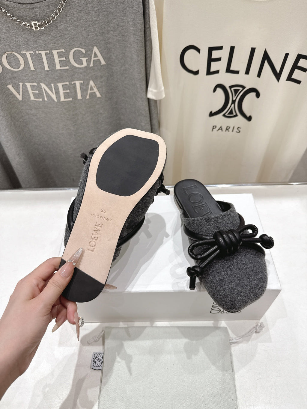 LOEWE 26S MULE LOAFERS IN DARK GREY CALFSKIN AND FABRIC KNOT DETAIL