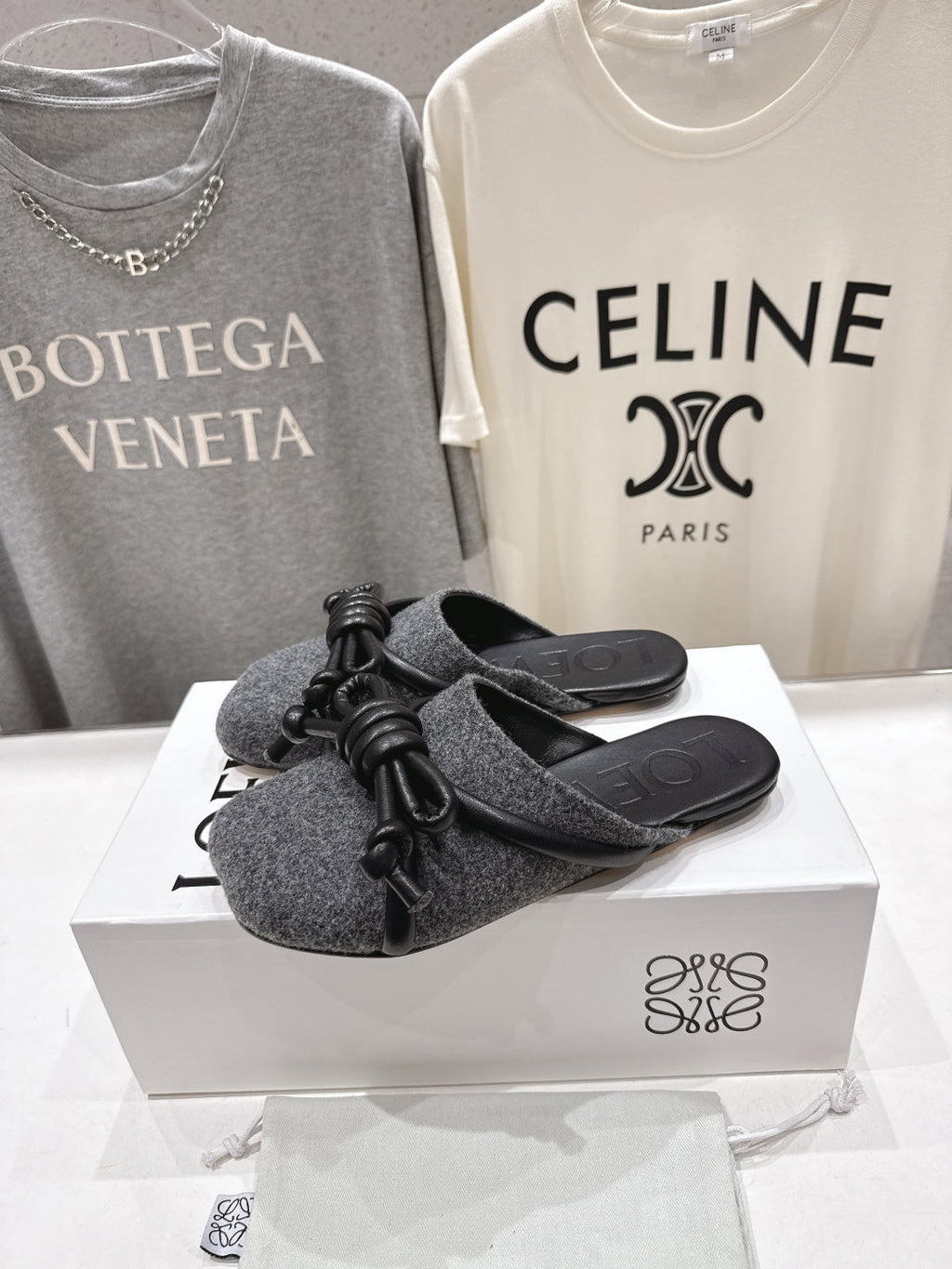 LOEWE 26S MULE LOAFERS IN DARK GREY CALFSKIN AND FABRIC KNOT DETAIL