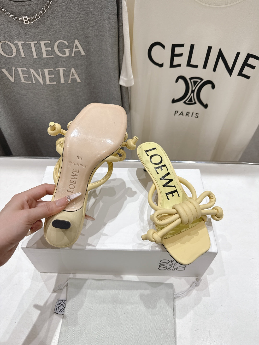 LOEWE 26S KITTEN HEEL KNOT SANDALS IN BUTTER YELLOW CALFSKIN