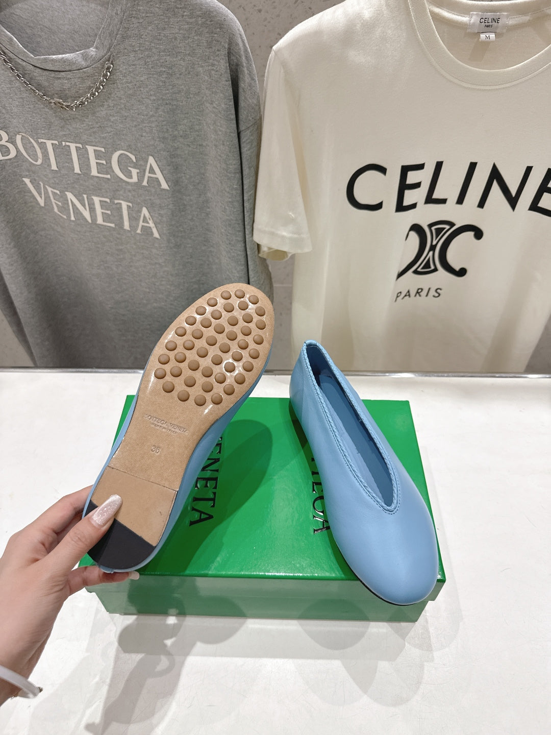 BOTTEGA VENETA 26S BALLET FLATS IN PASTEL BLUE LAMBSKIN